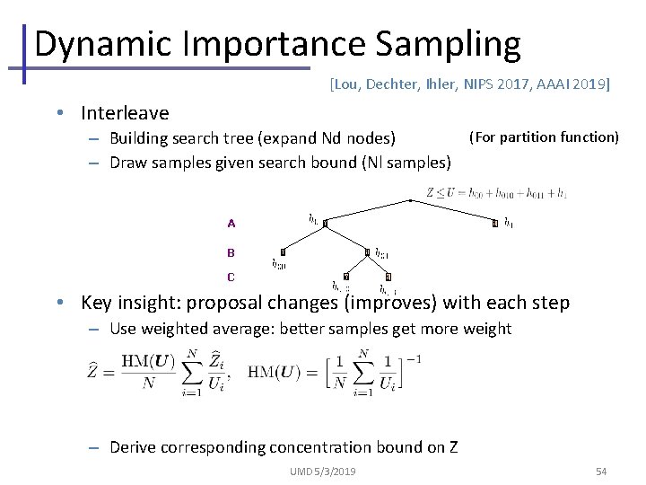 Dynamic Importance Sampling [Lou, Dechter, Ihler, NIPS 2017, AAAI 2019] • Interleave (For partition