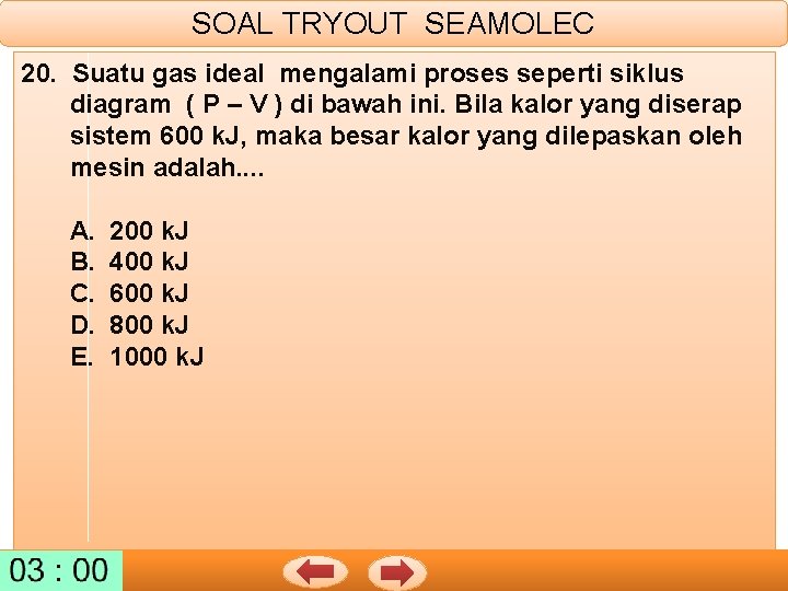 SOAL TRYOUT SEAMOLEC 20. Suatu gas ideal mengalami proses seperti siklus diagram ( P