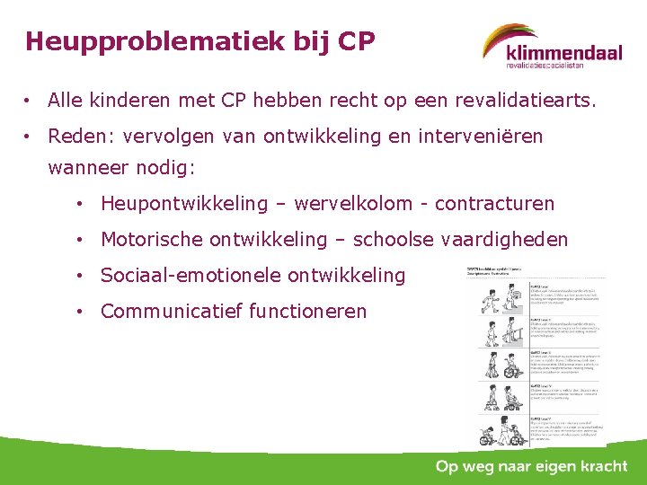 Heupproblematiek bij CP • Alle kinderen met CP hebben recht op een revalidatiearts. •