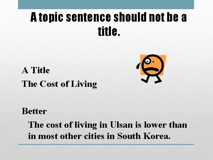 A topic sentence should not be a title. A Title The Cost of Living