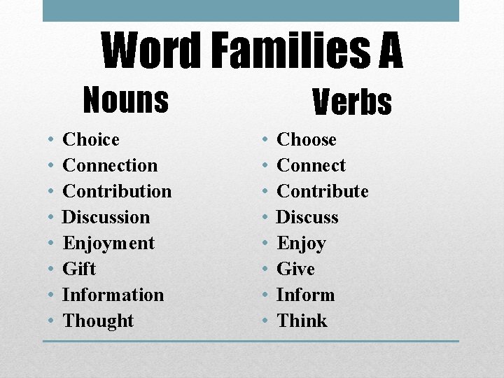 Word Families A Nouns • • Choice Connection Contribution Discussion Enjoyment Gift Information Thought