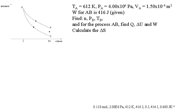 TA = 612 K, PA = 4. 00 x 106 Pa, VA = 1.