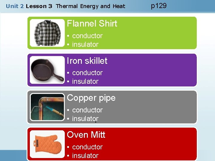 Unit 2 Lesson 3 Thermal Energy and Heat p 129 Flannel Shirt • conductor