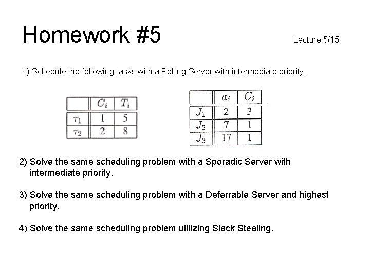 Homework #5 Lecture 5/15 1) Schedule the following tasks with a Polling Server with