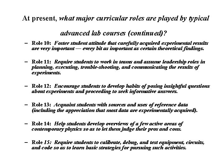 Major Curricular Roles for typical Ad Lab courses