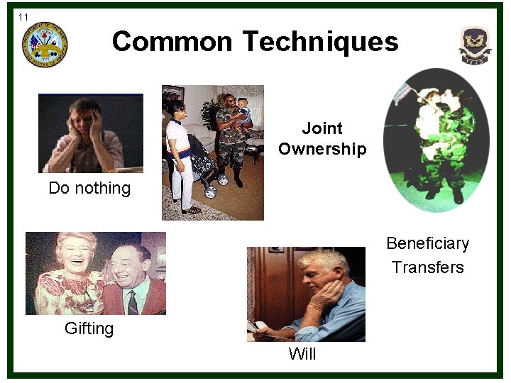 11 Common Techniques Joint Ownership Do nothing Beneficiary Transfers Gifting Will 