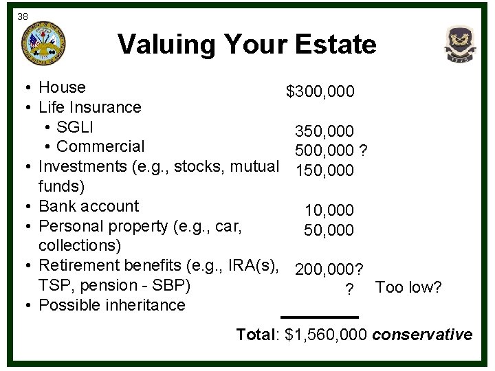 38 Valuing Your Estate • House • Life Insurance • SGLI • Commercial •