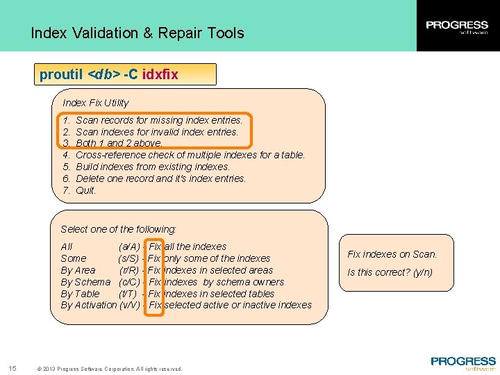 Index Validation & Repair Tools proutil <db> -C idxfix Index Fix Utility 1. 2.