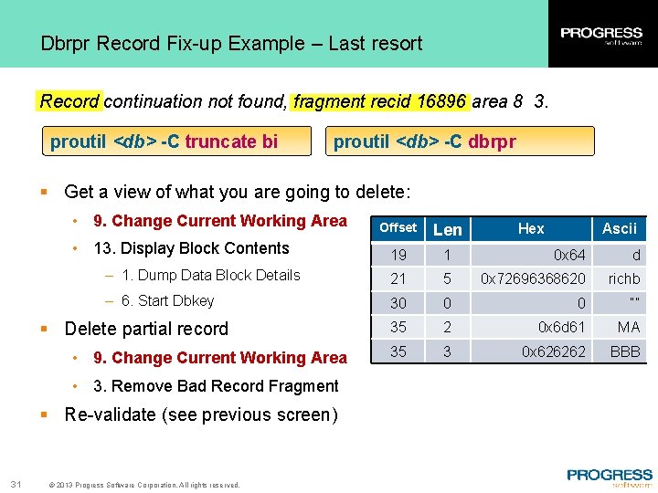 Dbrpr Record Fix-up Example – Last resort Record continuation not found, fragment recid 16896