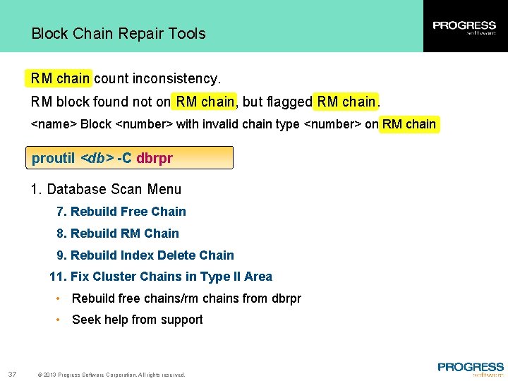 Block Chain Repair Tools RM chain count inconsistency. RM block found not on RM