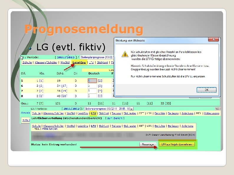 Prognosemeldung LG (evtl. fiktiv) LFV vom Vorjahr übernehmen 