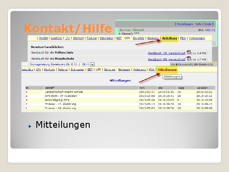 Kontakt/Hilfe Überblick Kontakt Anleitungen Mitteilungen 