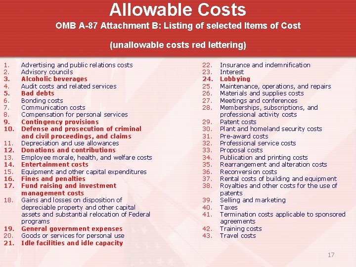 Allowable Costs OMB A-87 Attachment B: Listing of selected Items of Cost (unallowable costs