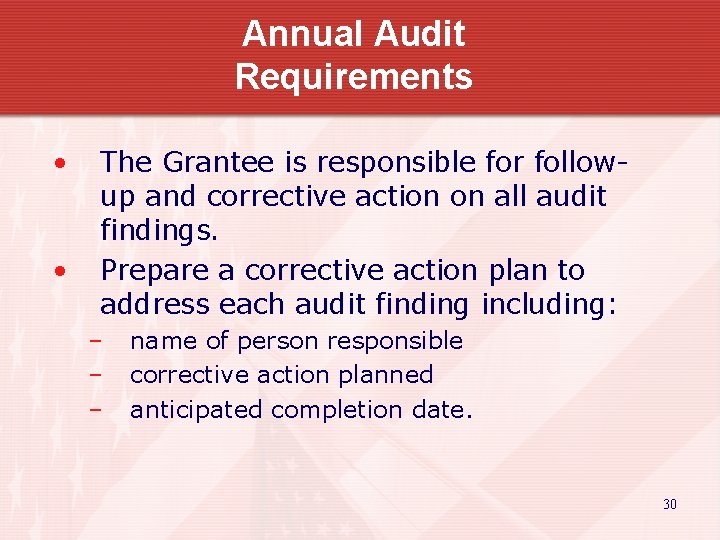 Annual Audit Requirements • • The Grantee is responsible for followup and corrective action