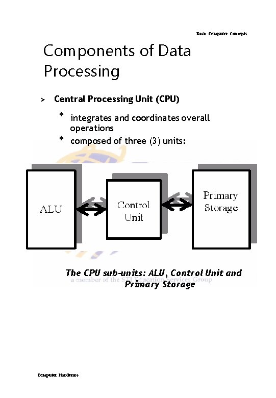 Basic Computer Concepts Components of Data Processing Ø Central Processing Unit (CPU) v v Basic Computer Concepts Components of Data Processing Ø Central Processing Unit (CPU) v v