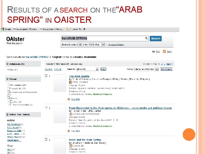 RESULTS OF A SEARCH ON THE“ARAB SPRING” IN OAISTER 
