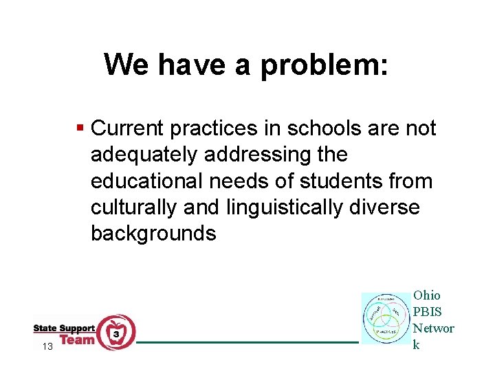 We have a problem: § Current practices in schools are not adequately addressing the