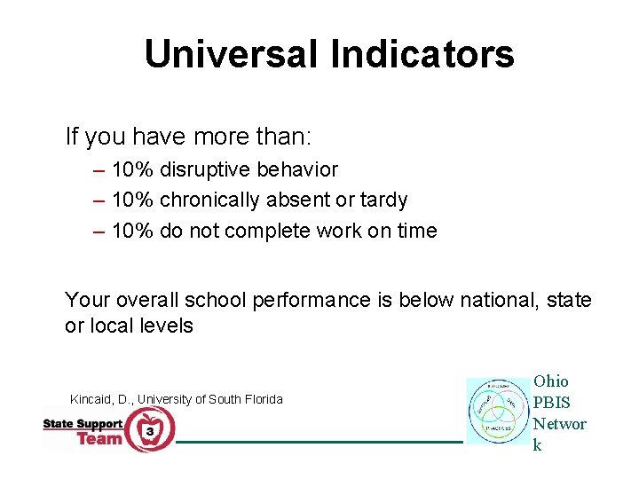 Universal Indicators If you have more than: – 10% disruptive behavior – 10% chronically