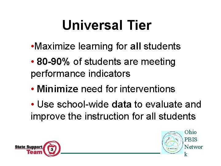 Universal Tier • Maximize learning for all students • 80 -90% of students are