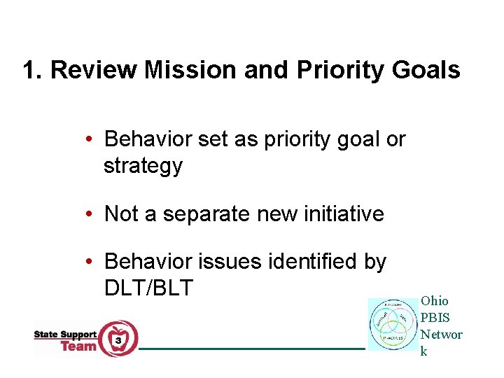 1. Review Mission and Priority Goals • Behavior set as priority goal or strategy