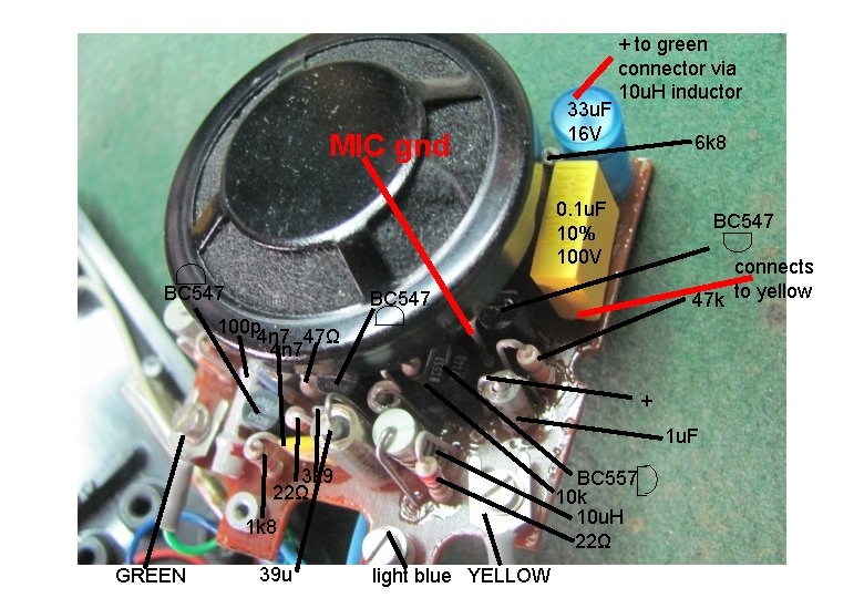 MIC gnd 33 u. F 16 V + to green connector via 10 u.