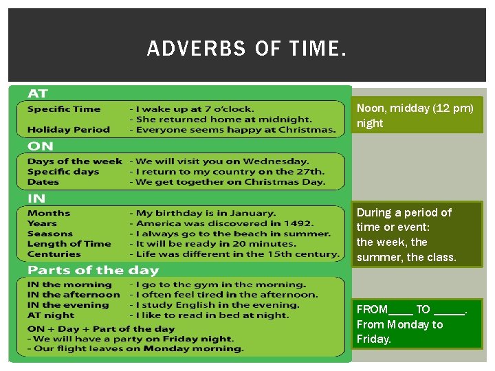 ADVERBS OF TIME. Noon, midday (12 pm) night During a period of time or