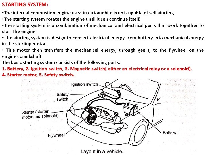 STARTING SYSTEM: • The internal combustion engine used in automobile is not capable of