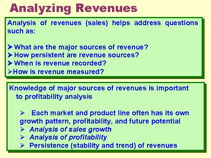 Analyzing Revenues Analysis of revenues (sales) helps address questions such as: What are the