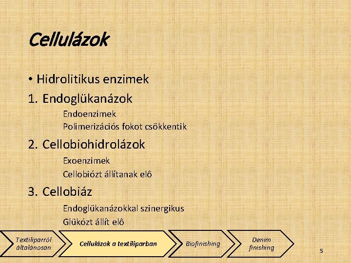 Cellulázok • Hidrolitikus enzimek 1. Endoglükanázok Endoenzimek Polimerizációs fokot csökkentik 2. Cellobiohidrolázok Exoenzimek Cellobiózt