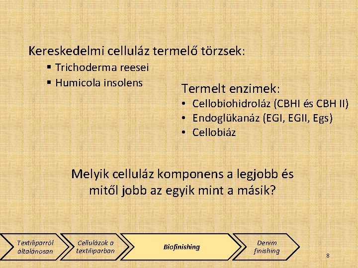 Kereskedelmi celluláz termelő törzsek: § Trichoderma reesei § Humicola insolens Termelt enzimek: • Cellobiohidroláz