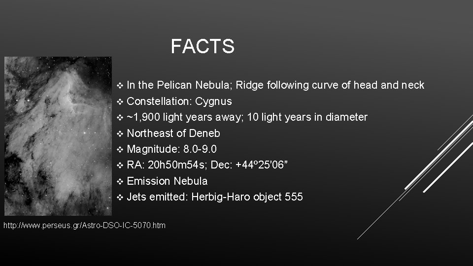 FACTS In the Pelican Nebula; Ridge following curve of head and neck v Constellation: