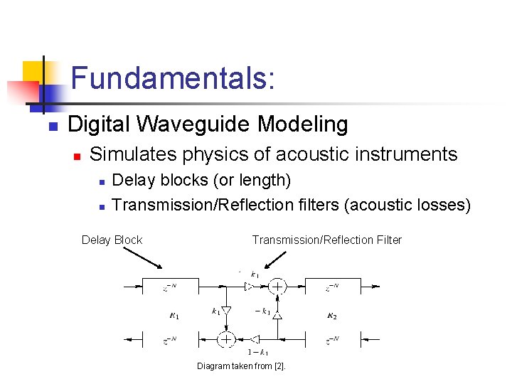 Fundamentals: n Digital Waveguide Modeling n Simulates physics of acoustic instruments n n Delay Fundamentals: n Digital Waveguide Modeling n Simulates physics of acoustic instruments n n Delay