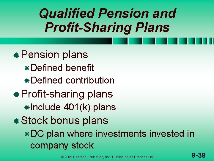 Qualified Pension and Profit-Sharing Plans ® Pension plans Defined benefit Defined contribution ® Profit-sharing