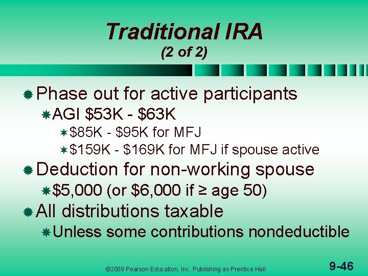 Traditional IRA (2 of 2) ® Phase AGI out for active participants $53 K