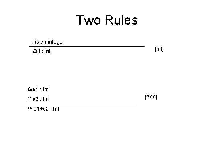 Two Rules i is an integer i : Int [Int] e 1 : Int