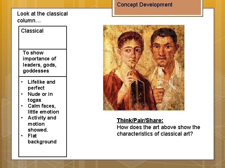 Concept Development Look at the classical column… Classical To show importance of leaders, goddesses