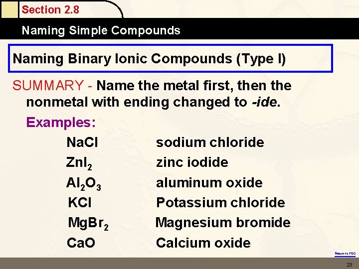 Section 2. 8 Naming Simple Compounds Naming Binary Ionic Compounds (Type I) SUMMARY - Section 2. 8 Naming Simple Compounds Naming Binary Ionic Compounds (Type I) SUMMARY -