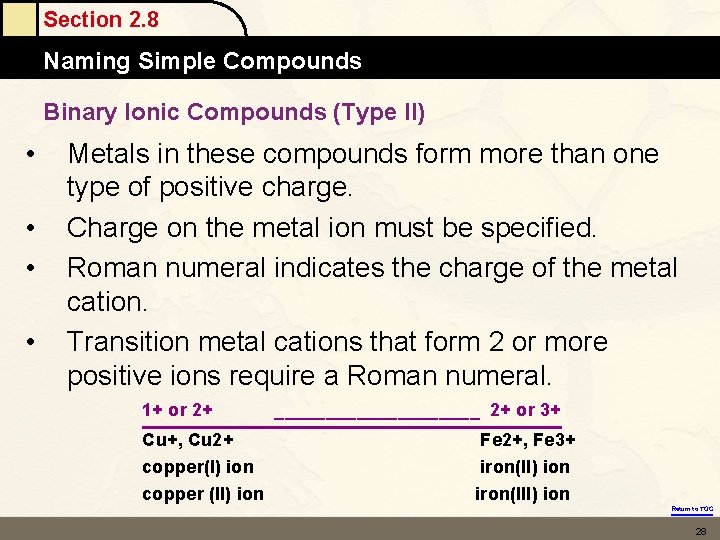 Section 2. 8 Naming Simple Compounds Binary Ionic Compounds (Type II) • • Metals Section 2. 8 Naming Simple Compounds Binary Ionic Compounds (Type II) • • Metals