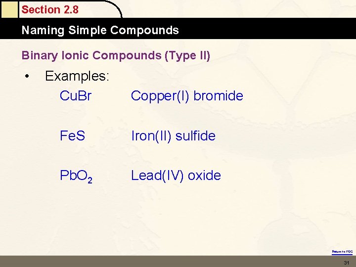Section 2. 8 Naming Simple Compounds Binary Ionic Compounds (Type II) • Examples: Cu. Section 2. 8 Naming Simple Compounds Binary Ionic Compounds (Type II) • Examples: Cu.