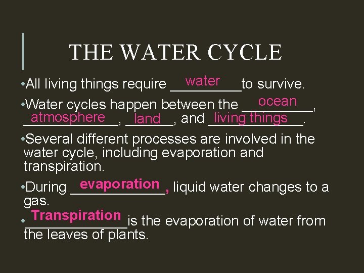 THE WATER CYCLE water • All living things require _____to survive. ocean • Water