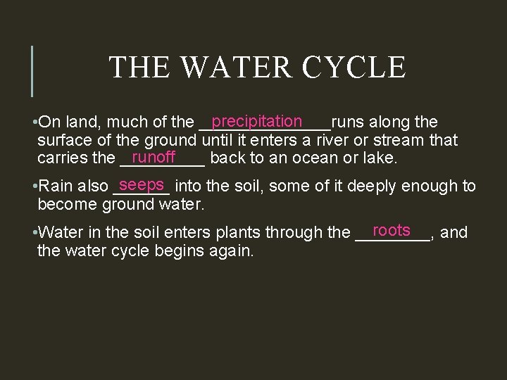 THE WATER CYCLE precipitation • On land, much of the _______runs along the surface