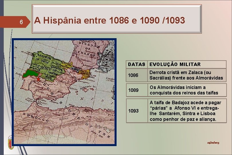 6 A Hispânia entre 1086 e 1090 /1093 DATAS EVOLUÇÃO MILITAR 1086 Derrota cristã