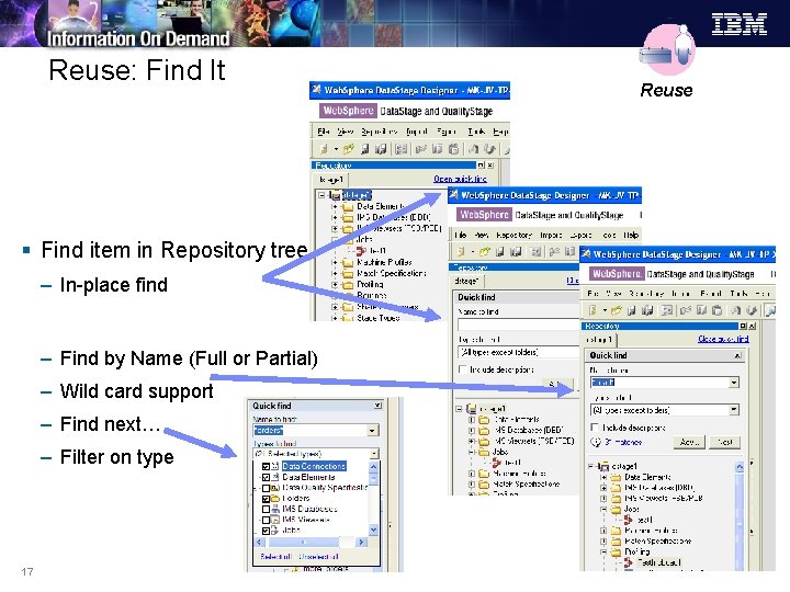 Reuse: Find It § Find item in Repository tree – In-place find – Find