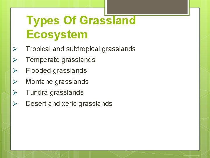 Types Of Grassland Ecosystem Tropical and subtropical grasslands Temperate grasslands Flooded grasslands Montane grasslands