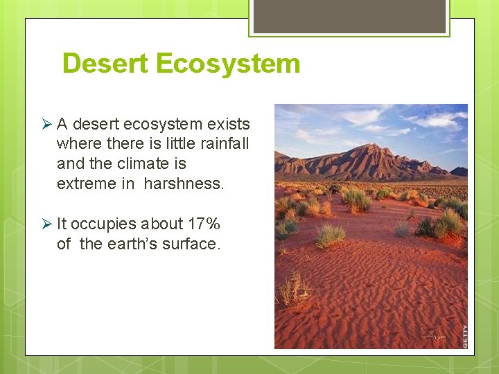 Desert Ecosystem A desert ecosystem exists where there is little rainfall and the climate