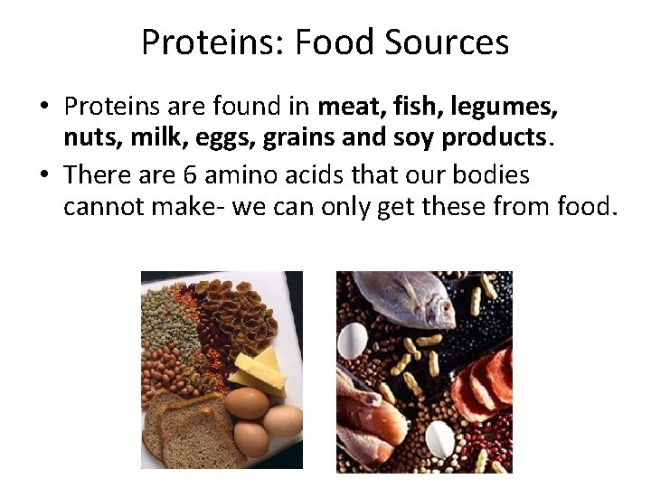 Proteins: Food Sources • Proteins are found in meat, fish, legumes, nuts, milk, eggs,