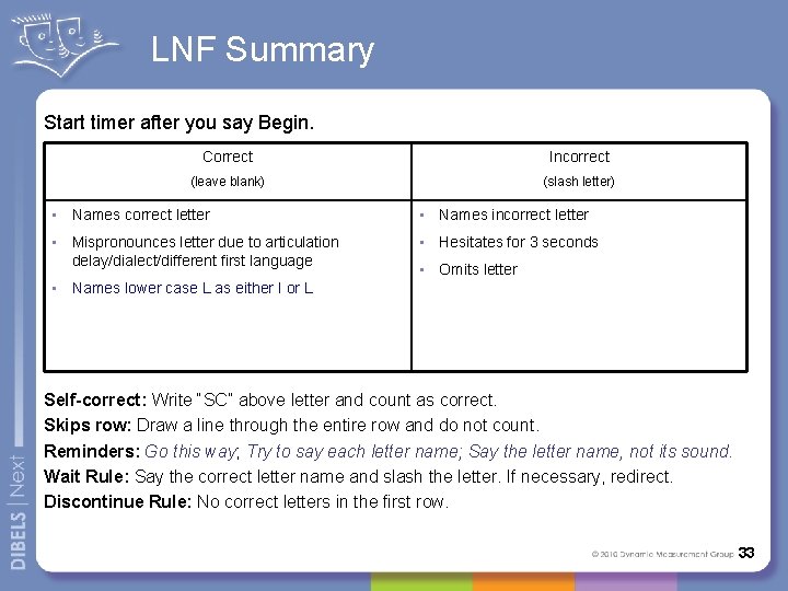 LNF Summary Start timer after you say Begin. Correct Incorrect (leave blank) (slash letter)