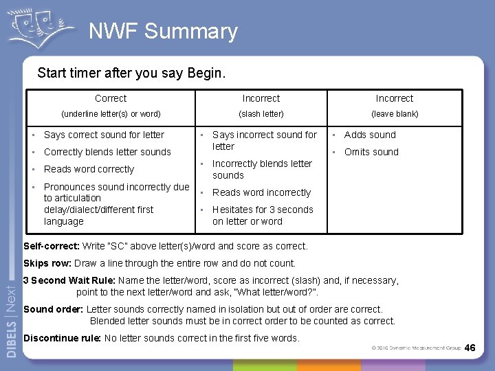 NWF Summary Start timer after you say Begin. Correct Incorrect (underline letter(s) or word)