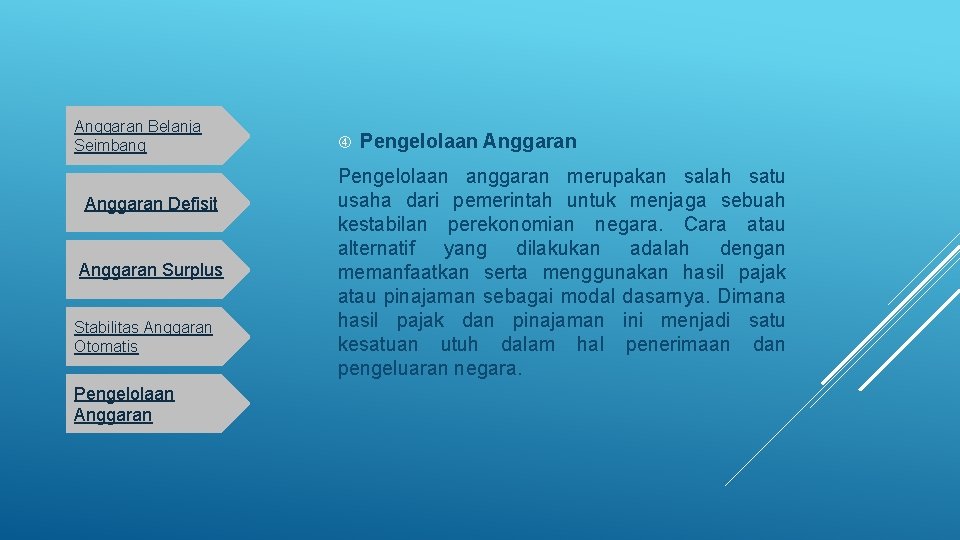 Anggaran Belanja Seimbang Anggaran Defisit Anggaran Surplus Stabilitas Anggaran Otomatis Pengelolaan Anggaran Pengelolaan anggaran