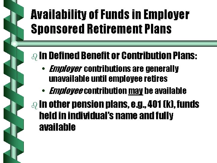 Availability of Funds in Employer Sponsored Retirement Plans b In Defined Benefit or Contribution